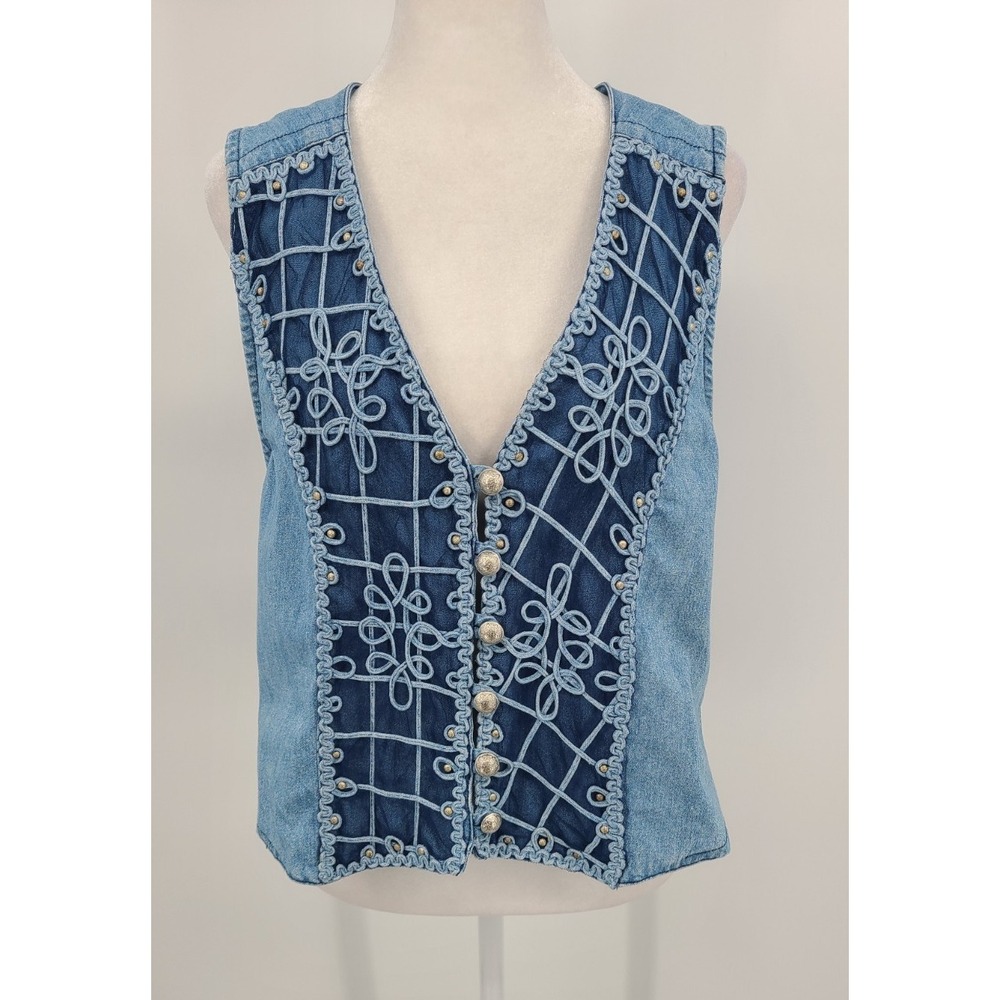 Western Festival Retro Women Vest Medium Mesh Floral Silver Button Studs Tie
